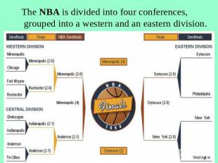 The NBA is divided into four conferences, grouped into a western and an eastern