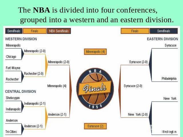 The NBA is divided into four conferences, grouped into a western and an eastern division.