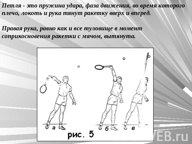 Петля - это пружина удара, фаза движения, во время которого плечо, локоть и рука тянут ракетку вверх и вперед.Правая рука, равно как и все туловище в момент соприкосновения ракетки с мячом, вытянута.