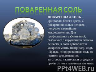 Поваренная соль ПОВАРЕННАЯ СОЛЬ – кристаллы белого цвета. С поваренной солью чел
