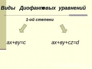 Виды Диофантовых уравнений 1-ой степени ах+ву=с ах+ву+сz=d