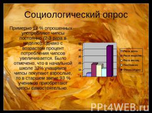 Социологический опрос Примерно 12 % опрошенных употребляют чипсы постоянно (2-3