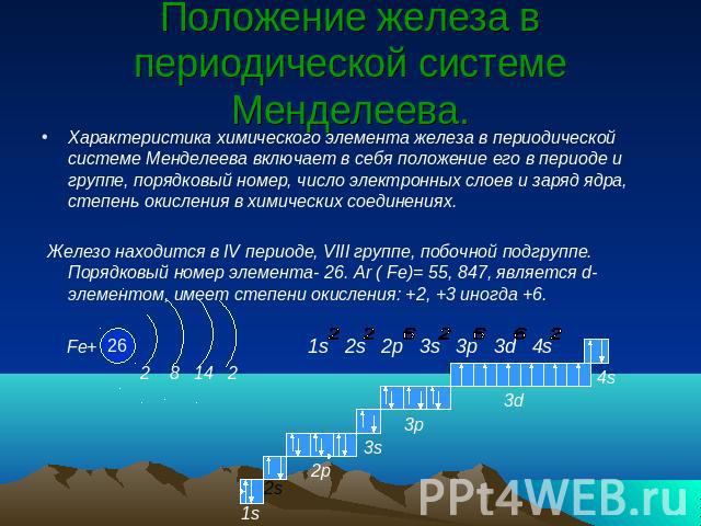 Характеристика по периодической системе. Характеристика положения железа в периодической системе. Характеристика железа по периодической таблице Менделеева. Положение элемента железа в ПСХЭ. Положение периодической системе элементов д.и. Менделеева железа.