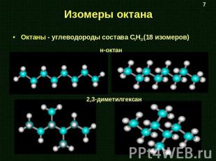 Изомеры октана Октаны - углеводороды состава С8H18 (18 изомеров) 2,3-диметилгекс