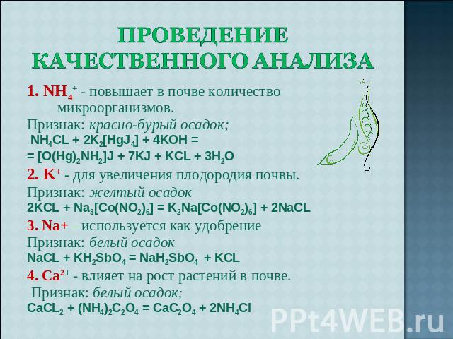 Проведение качественного анализа 1. NH4+ - повышает в почве количество микроорганизмов.Признак: красно-бурый осадок; NH4CL + 2K2[HgJ4] + 4KOH = = [O(Hg)2NH2]J + 7KJ + KCL + 3H2O2. K+ - для увеличения плодородия почвы. Признак: желтый осадок2KCL + Na…