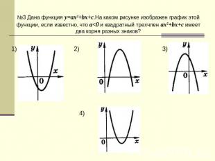№3 Дана функция y=ax2+bx+c.На каком рисунке изображен график этой функции, если