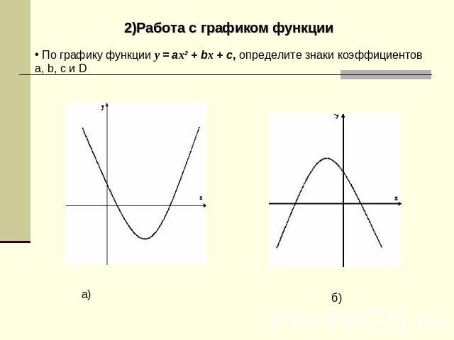 2)Работа с графиком функции По графику функции y = ax2 + bx + c, определите знаки коэффициентов a, b, с и D