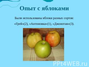 Опыт с яблоками Были использованы яблоки разных сортов:«Грей»(2), «Антоновка»(1)