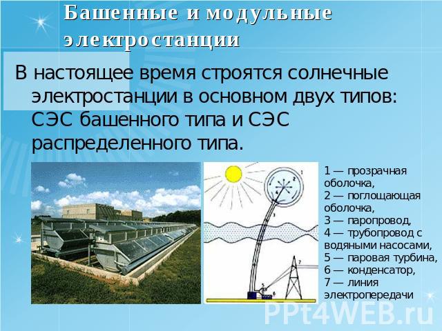 Башенные и модульные электростанции В настоящее время строятся солнечные электростанции в основном двух типов: СЭС башенного типа и СЭС распределенного типа.