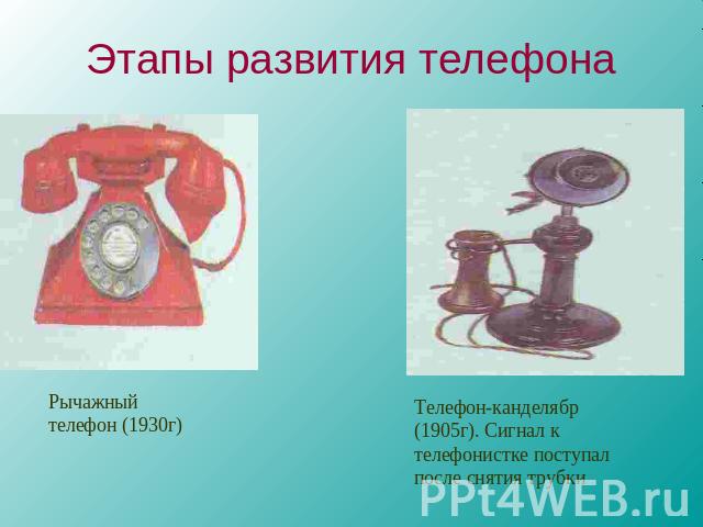 Этапы развития телефона Рычажный телефон (1930г) Телефон-канделябр (1905г). Сигнал к телефонистке поступал после снятия трубки