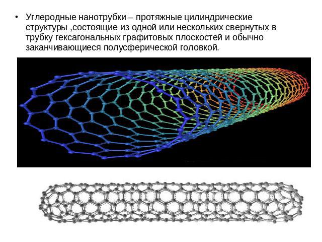 Углеродные нанотрубки – протяжные цилиндрические структуры ,состоящие из одной или нескольких свернутых в трубку гексагональных графитовых плоскостей и обычно заканчивающиеся полусферической головкой.