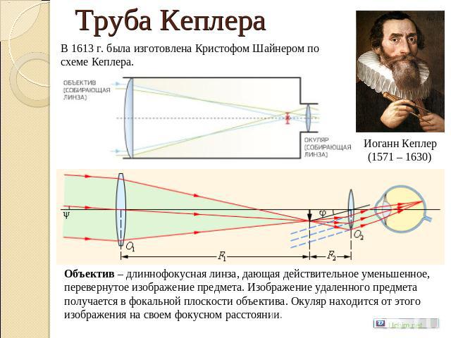Труба Кеплера В 1613 г. была изготовлена Кристофом Шайнером по схеме Кеплера. Объектив – длиннофокусная линза, дающая действительное уменьшенное, перевернутое изображение предмета. Изображение удаленного предмета получается в фокальной плоскости объ…