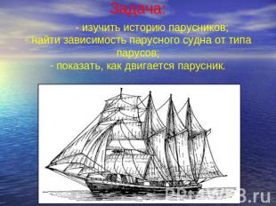Задача:- изучить историю парусников; найти зависимость парусного судна от типа п