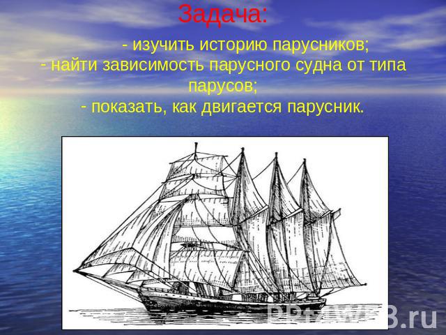 Задача:- изучить историю парусников; найти зависимость парусного судна от типа парусов; показать, как двигается парусник.
