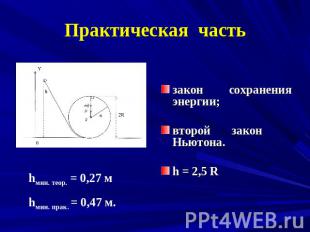 Практическая часть закон сохранения энергии;второй закон Ньютона.h = 2,5 R hмин.