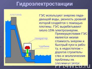Гидроэлектростанции ГЭС используют энергию пада- дающей воды, разность уровней к