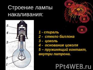 Строение лампы накаливания: 1 - спираль2 - стекло баллона3 - цоколь4 - основание