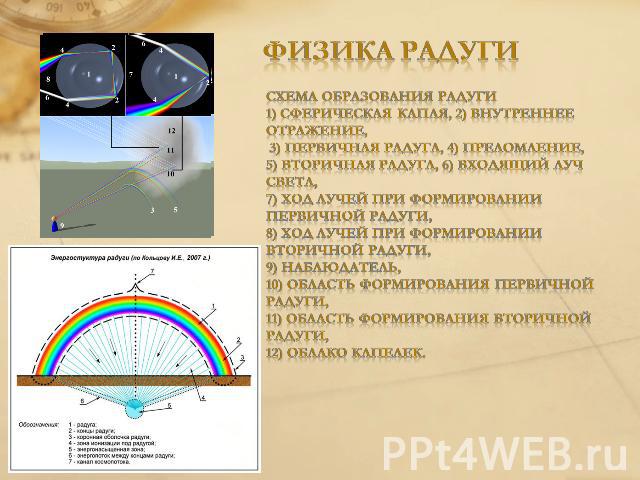 Физика радуги Схема образования радуги1) сферическая капля, 2) внутреннее отражение, 3) первичная радуга, 4) преломление, 5) вторичная радуга, 6) входящий луч света, 7) ход лучей при формировании первичной радуги, 8) ход лучей при формировании втори…