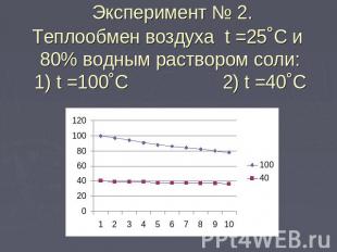 Эксперимент № 2.Теплообмен воздуха t =25˚C и 80% водным раствором соли: 1) t =10