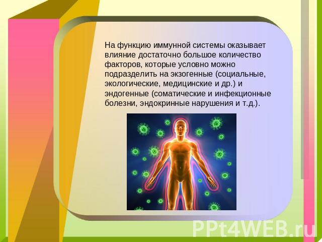 На функцию иммунной системы оказывает влияние достаточно большое количество факторов, которые условно можно подразделить на экзогенные (социальные, экологические, медицинские и др.) и эндогенные (соматические и инфекционные болезни, эндокринные нару…