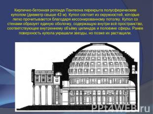 Кирпично-бетонная ротонда Пантеона перекрыта полусферическим куполом (диаметр св