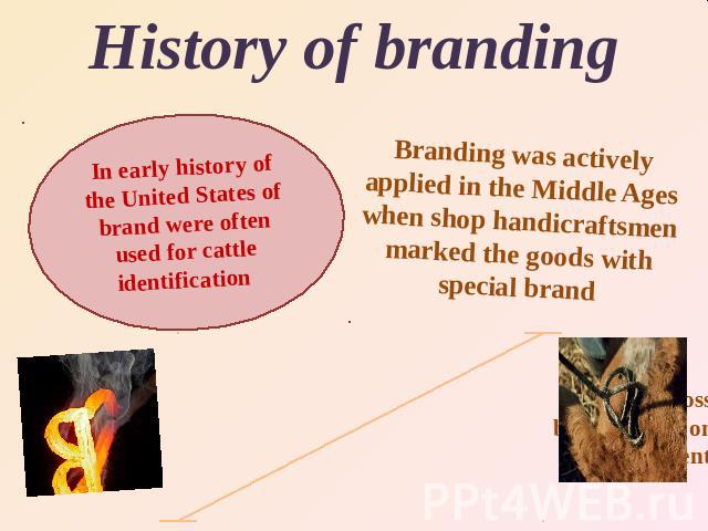 History of brandingBranding was actively applied in the Middle Ages when shop handicraftsmen marked the goods with special brand