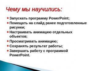 Чему мы научились:Запускать программу PowerPoint;Помещать на слайд ранее подгото