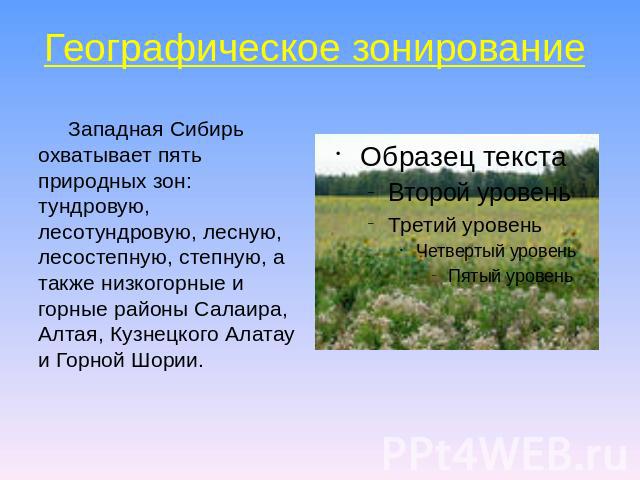 Географическое зонирование Западная Сибирь охватывает пять природных зон: тундровую, лесотундровую, лесную, лесостепную, степную, а также низкогорные и горные районы Салаира, Алтая, Кузнецкого Алатау и Горной Шории.