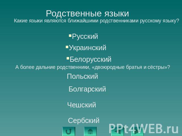 Какие языки являются ближайшими родственниками русскому языку? Какие языки являются ближайшими родственниками русскому языку?