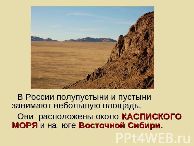 В России полупустыни и пустыни занимают небольшую площадь. Они расположены около КАСПИСКОГО МОРЯ и на юге Восточной Сибири.