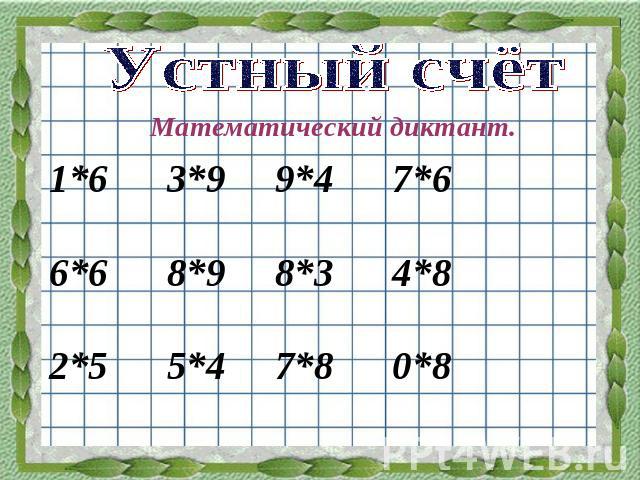 Устный счётМатематический диктант.1*6 3*9 9*4 7*6 6*6 8*9 8*3 4*8 2*5 5*4 7*8 0*8