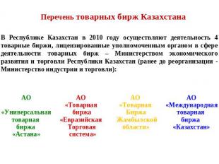 Перечень товарных бирж КазахстанаВ Республике Казахстан в 2010 году осуществляют