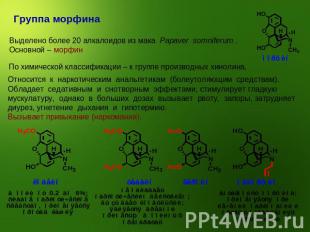 Группа морфинаВыделено более 20 алкалоидов из мака Papaver somniferum . Основной