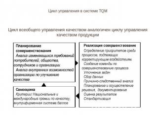 Цикл управления в системе TQMЦикл всеобщего управления качеством аналогичен цикл