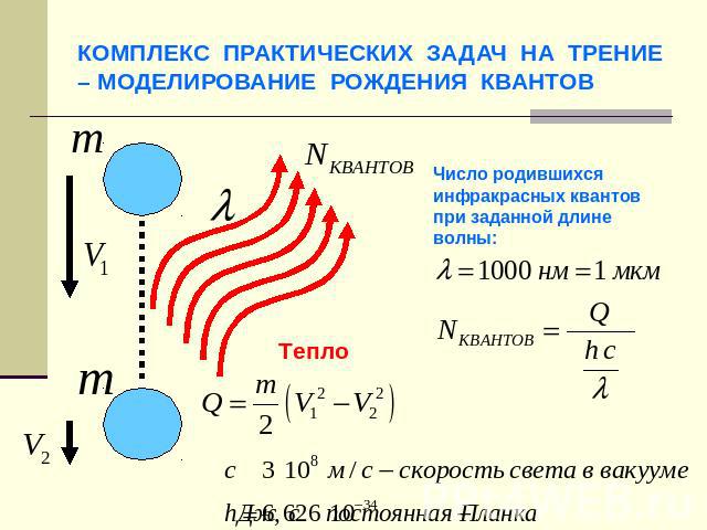 КОМПЛЕКС ПРАКТИЧЕСКИХ ЗАДАЧ НА ТРЕНИЕ – МОДЕЛИРОВАНИЕ РОЖДЕНИЯ КВАНТОВ Число родившихся инфракрасных квантов при заданной длине волны: