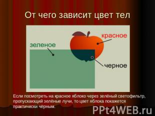 От чего зависит цвет тел Если посмотреть на красное яблоко через зелёный светофи