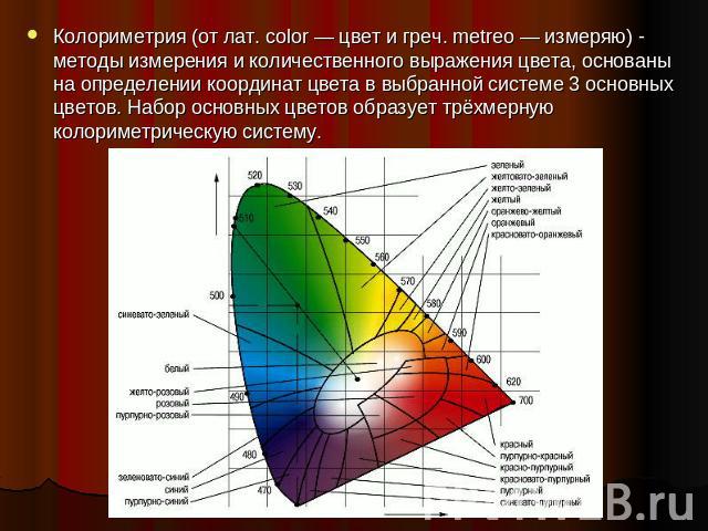 Колориметрия (от лат. color — цвет и греч. metreo — измеряю) - методы измерения и количественного выражения цвета, основаны на определении координат цвета в выбранной системе 3 основных цветов. Набор основных цветов образует трёхмерную колориметриче…