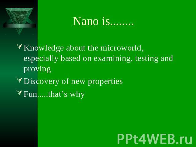 Knowledge about the microworld, especially based on examining, testing and provingDiscovery of new properties Fun.....that’s why