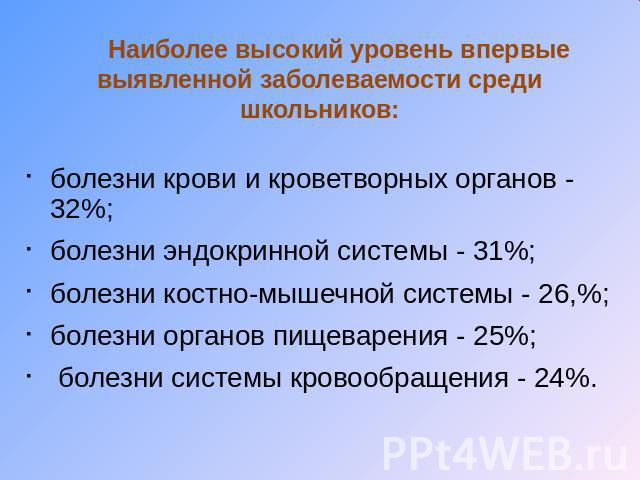 Наиболее высокий уровень впервые выявленной заболеваемости среди школьников: болезни крови и кроветворных органов - 32%;болезни эндокринной системы - 31%;болезни костно-мышечной системы - 26,%; болезни органов пищеварения - 25%; болезни системы кров…