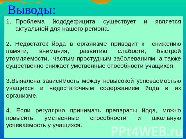 Выводы: Проблема йододефицита существует и является актуальной для нашего региона.2. Недостаток йода в организме приводит к снижению памяти, внимания, развитию слабости, быстрой утомляемости, частым простудным заболеваниям, а также существенно снижа…