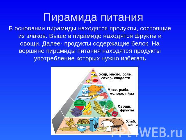 Пирамида питания В основании пирамиды находятся продукты, состоящие из злаков. Выше в пирамиде находятся фрукты и овощи. Далее- продукты содержащие белок. На вершине пирамиды питания находятся продукты употребление которых нужно избегать