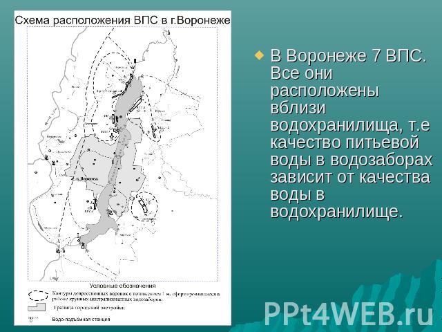 В Воронеже 7 ВПС. Все они расположены вблизи водохранилища, т.е качество питьевой воды в водозаборах зависит от качества воды в водохранилище.