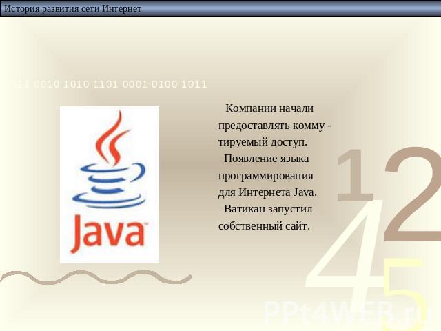 Компании началипредоставлять комму -тируемый доступ. Появление языка программирования для Интернета Java. Ватикан запустил собственный сайт.
