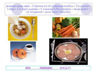 Дневная норма жира - 4 ломтика (по 25 г) вареной колбасы = 2,5 сосиски = 4 яйца