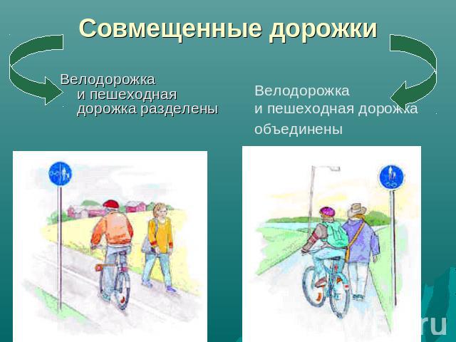 Совмещенные дорожки Велодорожка и пешеходная дорожка разделены Велодорожка и пешеходная дорожка объединены