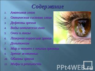 Содержание Анатомия глазаОптическая система глазаДефекты зренияВиды оптических л