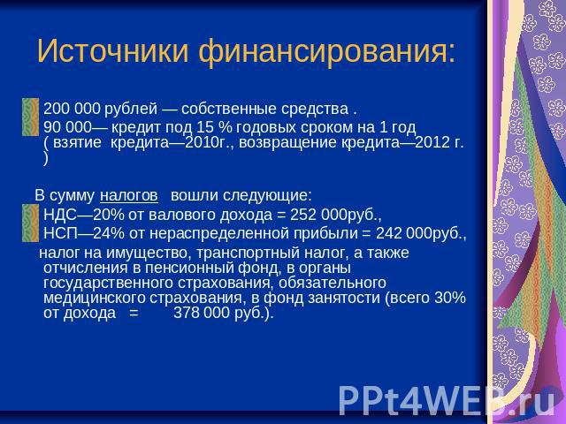 Источники финансирования: 200 000 рублей — собственные средства .90 000— кредит под 15 % годовых сроком на 1 год ( взятие кредита—2010г., возвращение кредита—2012 г.) В сумму налогов вошли следующие:НДС—20% от валового дохода = 252 000руб.,НСП—24% о…