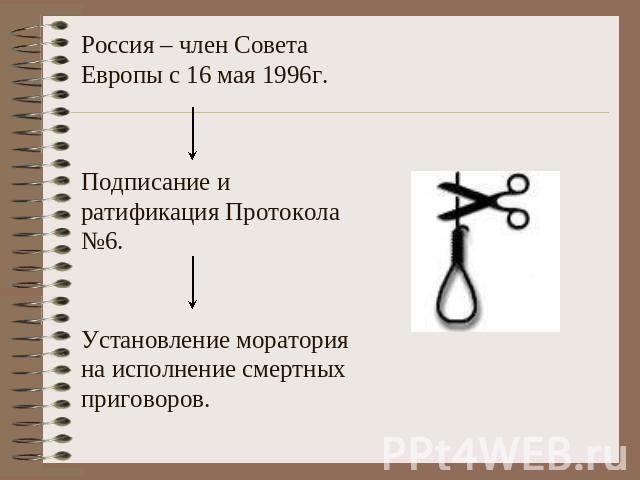 Россия – член Совета Европы с 16 мая 1996г.Подписание и ратификация Протокола №6.Установление моратория на исполнение смертных приговоров.