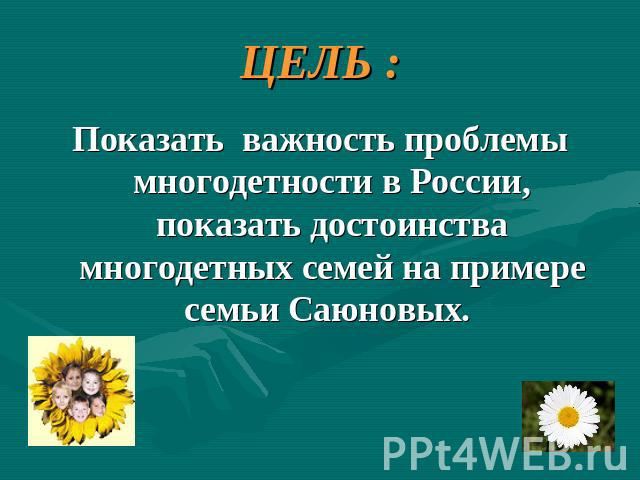ЦЕЛЬ :Показать важность проблемы многодетности в России, показать достоинства многодетных семей на примере семьи Саюновых.