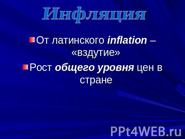 Инфляция От латинского inflation – «вздутие»Рост общего уровня цен в стране